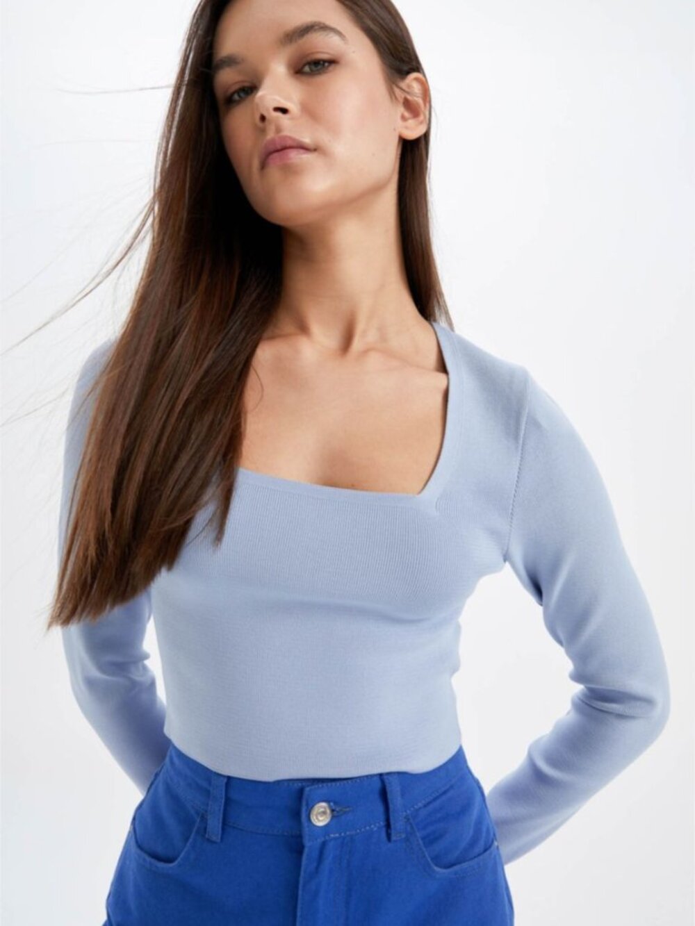 Kookai Baby Blue Ribbed Long Sleeve Top